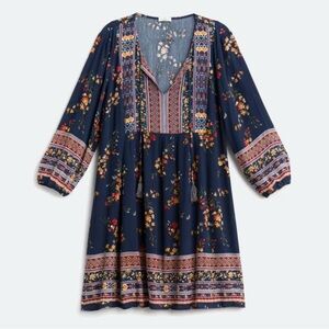 Blue Tiered Tie Front Sundress with Bishop Sleeves